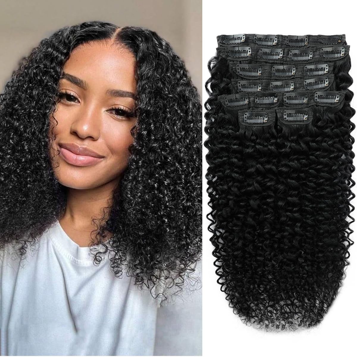 Brazilian Remy Curly Clip-In Hair Extensions 16 Inch 8pcs Full Head Black Women