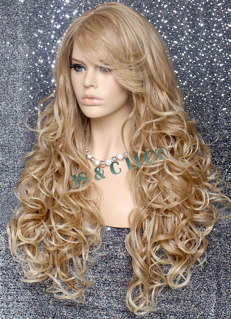 Human Hair Blend Wig Heat OK Curly Long Blonde mix Bangs Layered 27-613 NWT WBBT