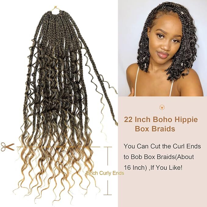 8pk Goddess Synthetic Bohemian Box Braids Crochet Hair With Curly Ends 22″ T27