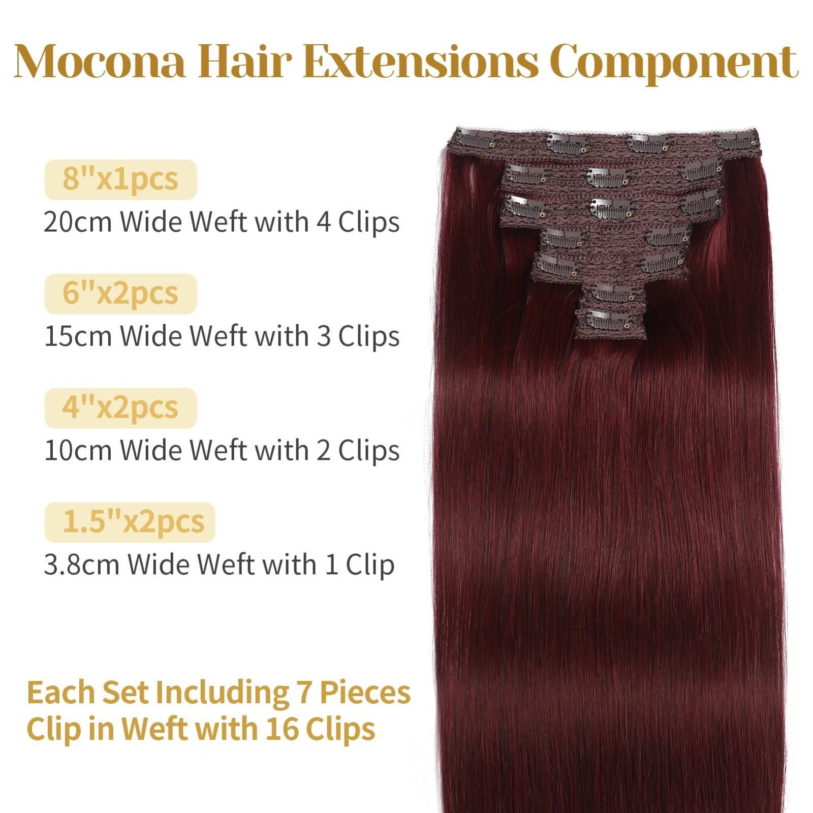 20″ Burgundy Red Clip-In Hair Extensions, 7pcs 70g, Real Human Hair, Soft & Stra