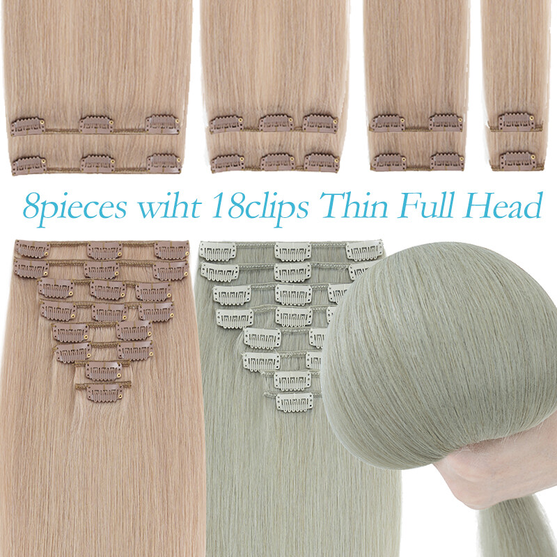 Highlight US 18Clips 8PCS Weft Clip In Remy Real Human Hair Extensions Full Head