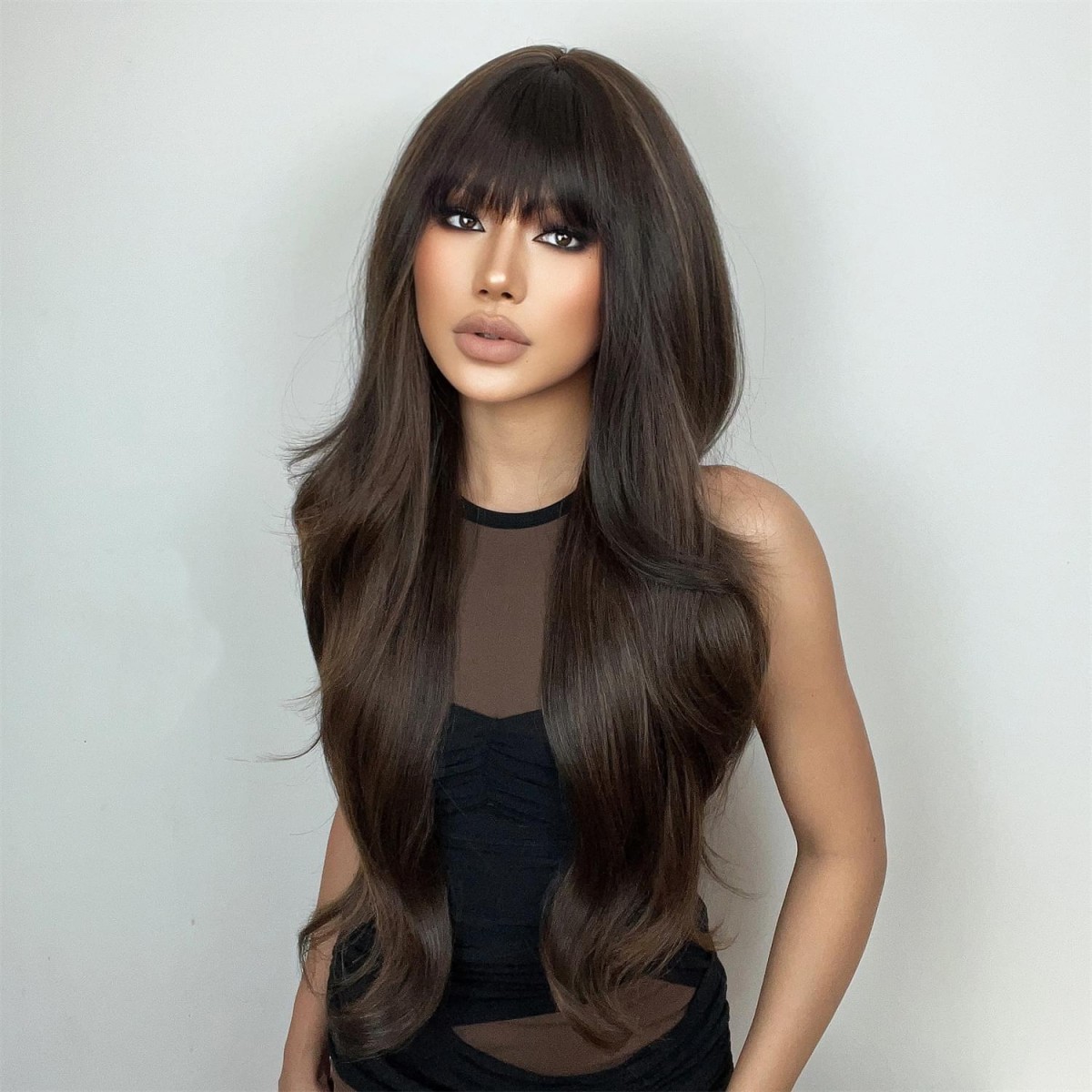 Mixed Brown Heat Resistant Synthetic Hair Cosplay Wigs With Fringe Long Wavy