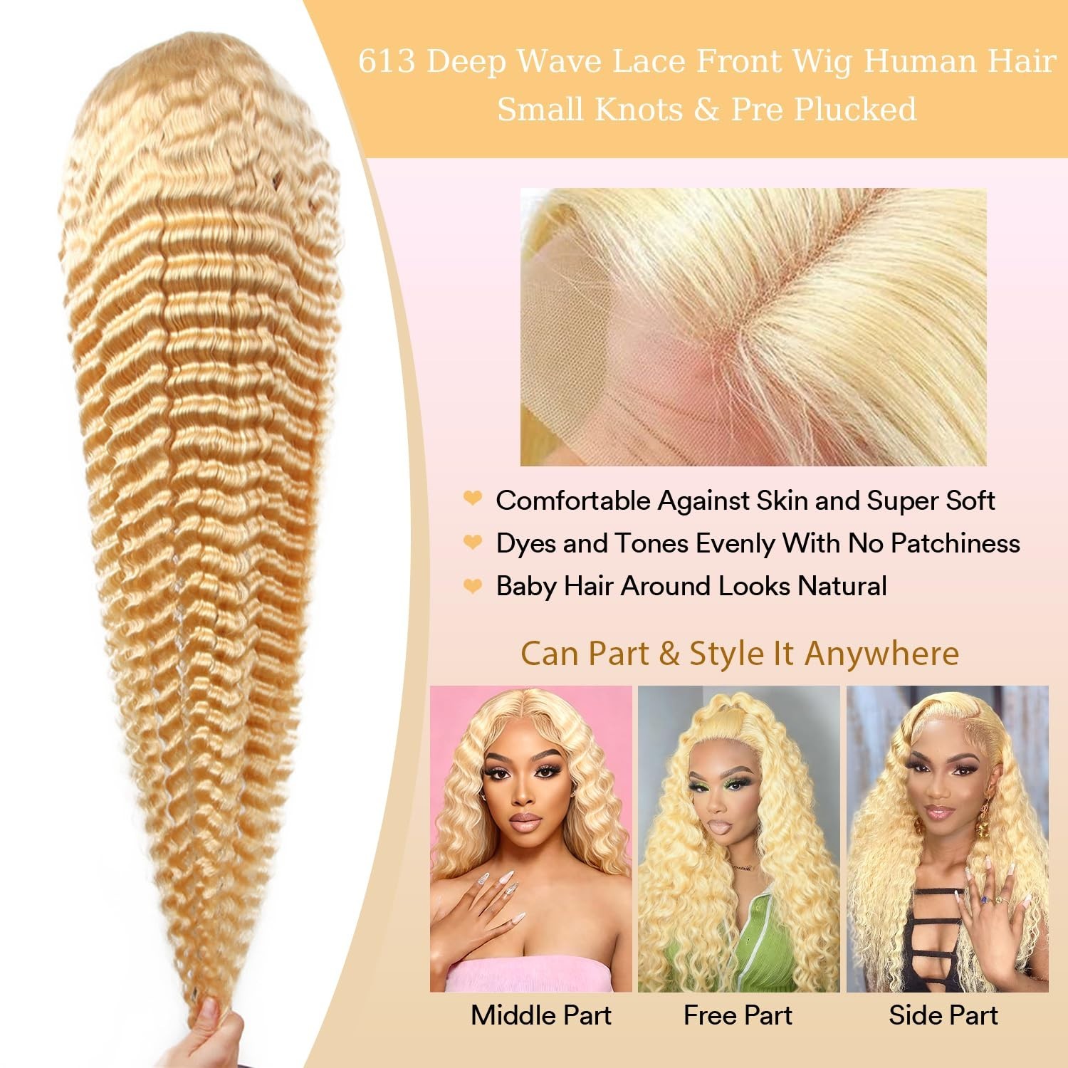 32″ Blonde Deep Wave Lace Front Wig – 200% Density Human Hair, HD Transparent La