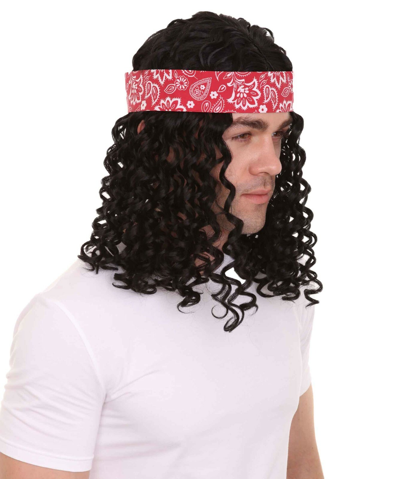 Men Cosplay Party Rock Star Black Wavy Curly Wig Headband Bandana Costume HM-036
