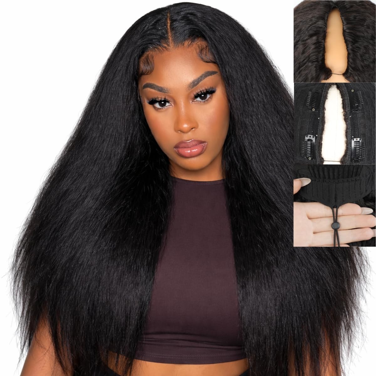 24 Inch Kinky Straight V Part Wig – 180% Density Clip-In Human Hair, No Glue, No
