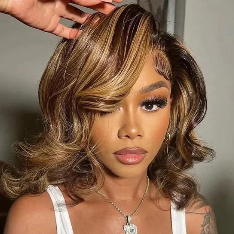 Bob Wig Human Hair 4/27 Highlight Ombre Honey Blonde Wig 4X4 Lace Wig For Women