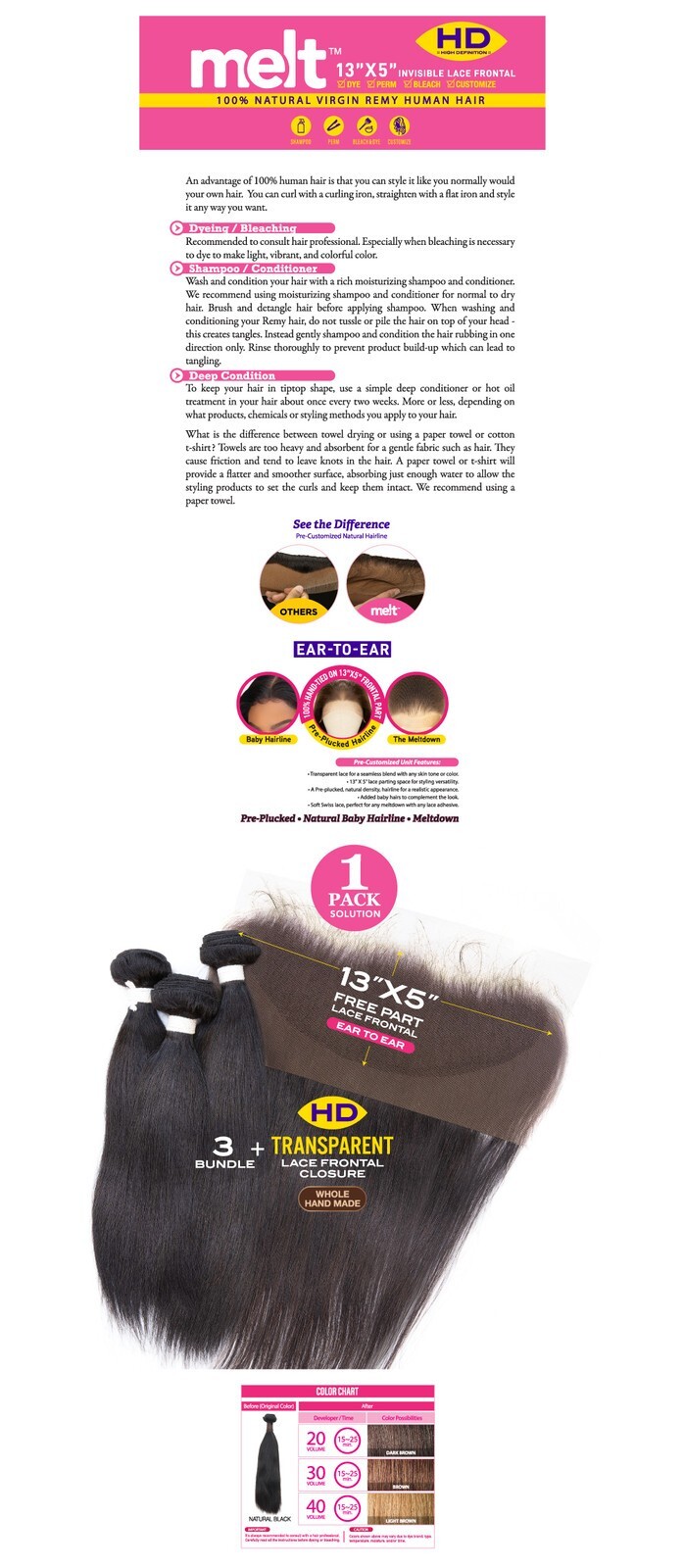 Janet Melt 100% Natural Virgin HumanHair Brazilian Straight 3pcs+13×5 HD Frontal