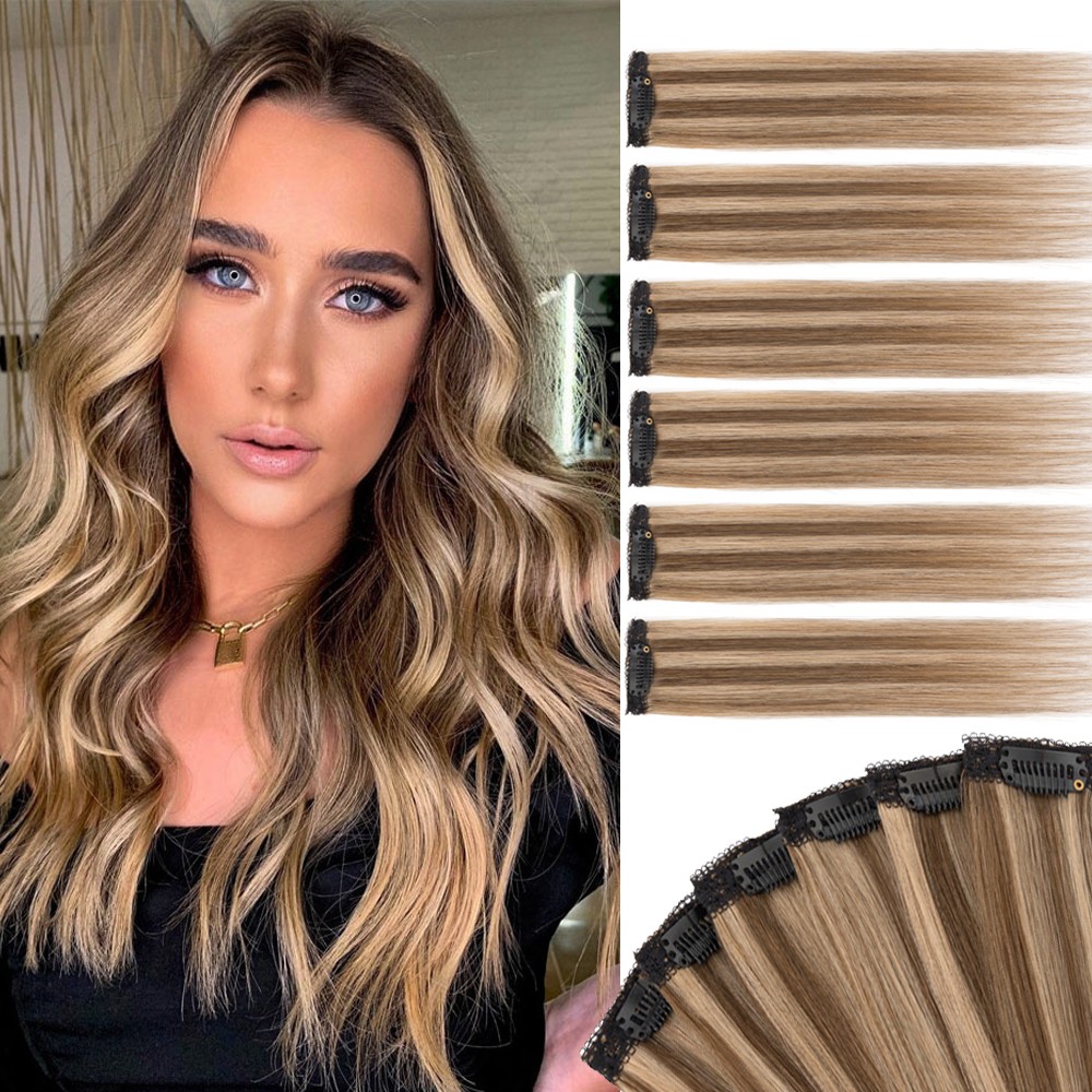 6pcs Clip in Real Human Hair Extensions Hairpiece Short Straight Lace Weft #Pink