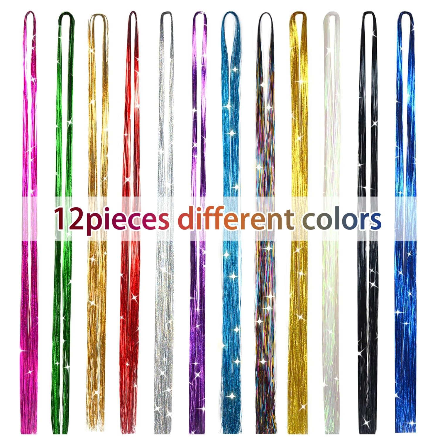 Colorful Glitter Hair Tinsel Set 47 Inch 12 Colors 215 Piece Set, 12 colors