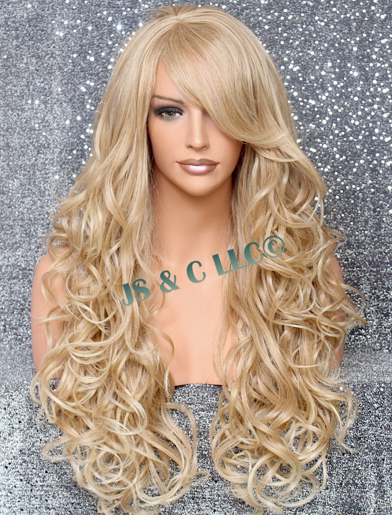 Human Hair Blend Wig Heat OK Curly Long Blonde mix Bangs Layered 27-613 NWT WBBT
