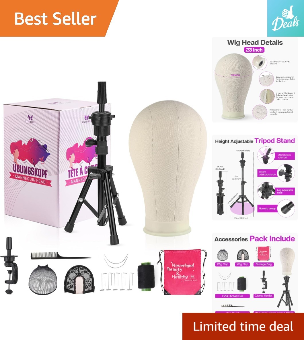 Sturdy 23-Inch Wig Stand with Canvas Head for Professional Wig Styling