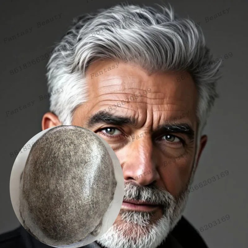 Undetectable Black Grey 1B20 Men Toupee Durable Thin Skin Male Wig Human Hair