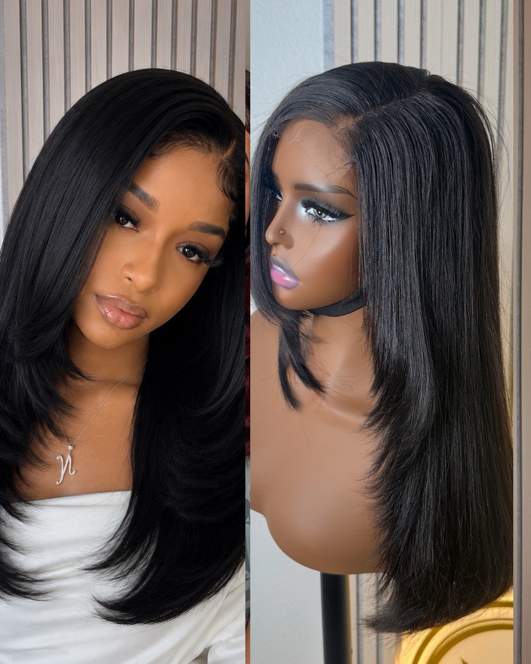 18” Black Layered Cut Wig 5×5 HD Lace Closure Side Part Straight Human Hair Wig