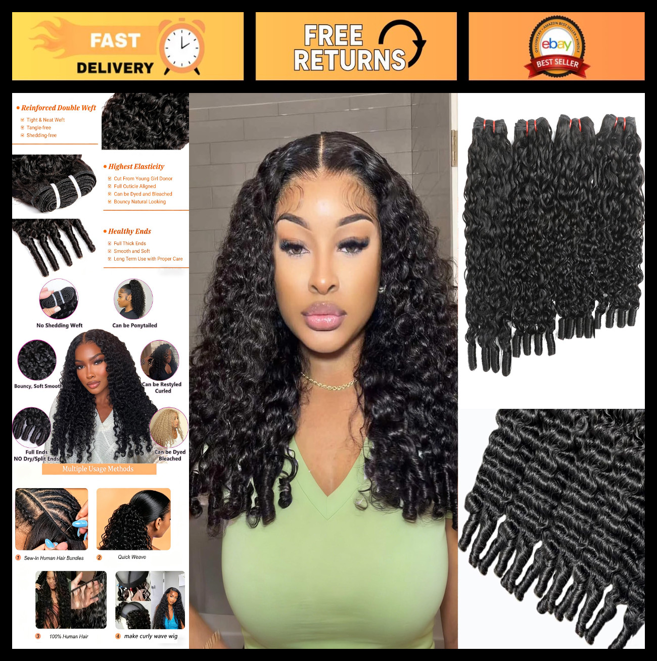 4 Bundles 12A Brazilian Virgin Human Hair Extensions, Burmese Curly Water Wave 1