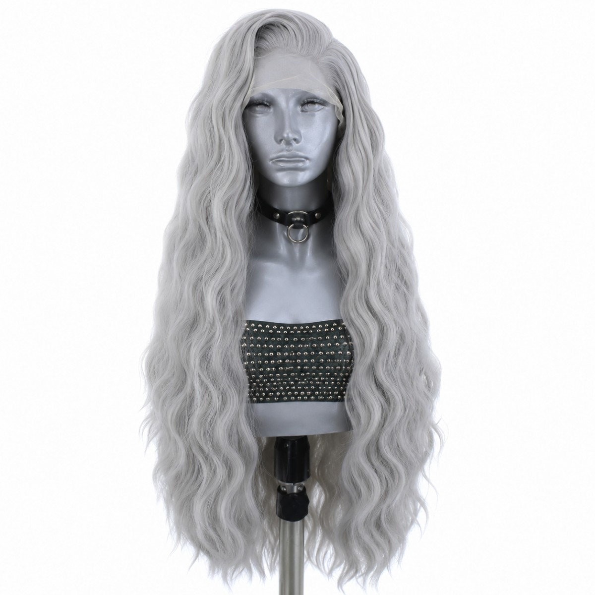 Long Wavy Synthetic Hair Silver gray Glue Less T Lace Front Wig Pre Plucked Soft