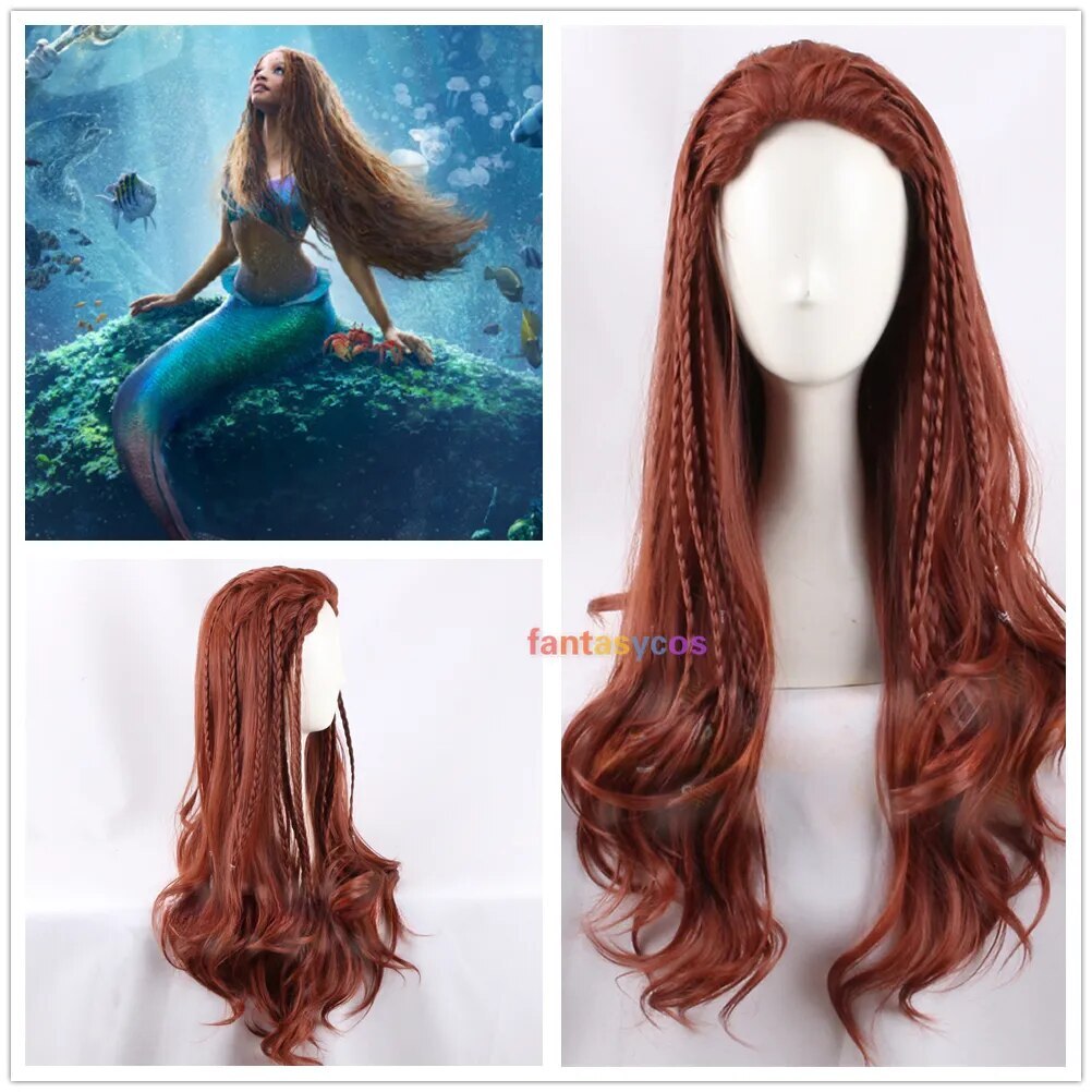 Movie Little Mermaid Ariel Cosplay Wig Women Curly Brown Red Wigs with Braids