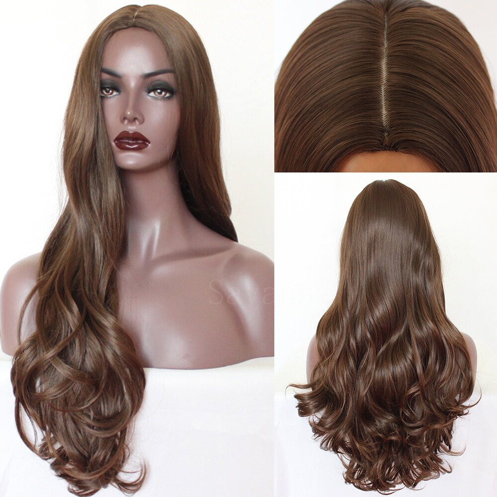 Long Brown Synthetic Hair Silk Top No Lace Wigs Natural Wavy Heat Resistant Wig
