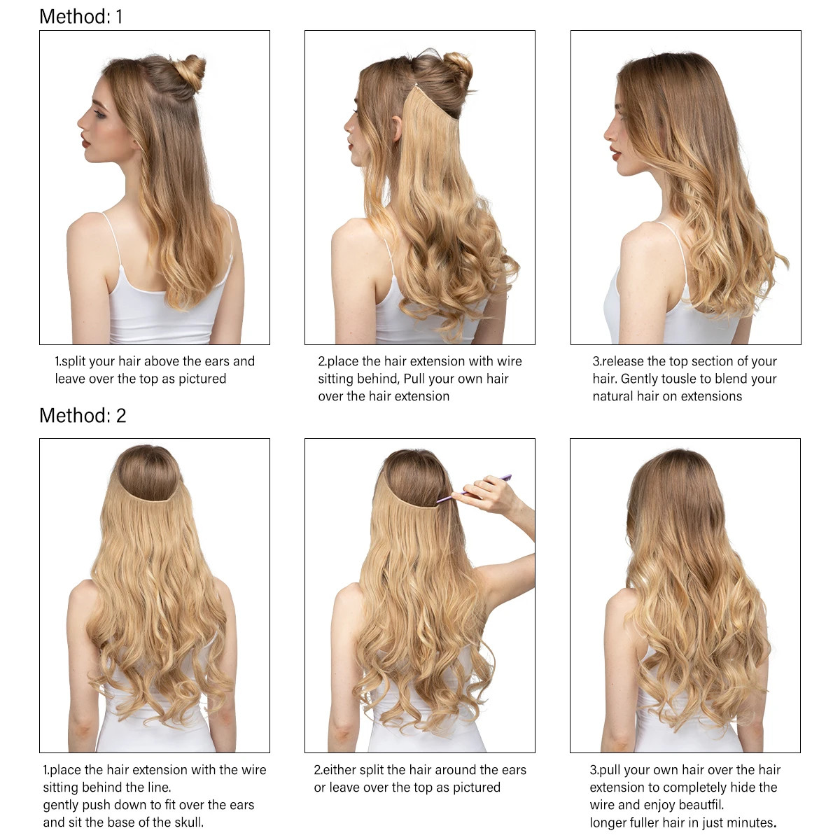 Synthetic No Clips Hair Extension Ombre Black Blonde Pink Long Wave