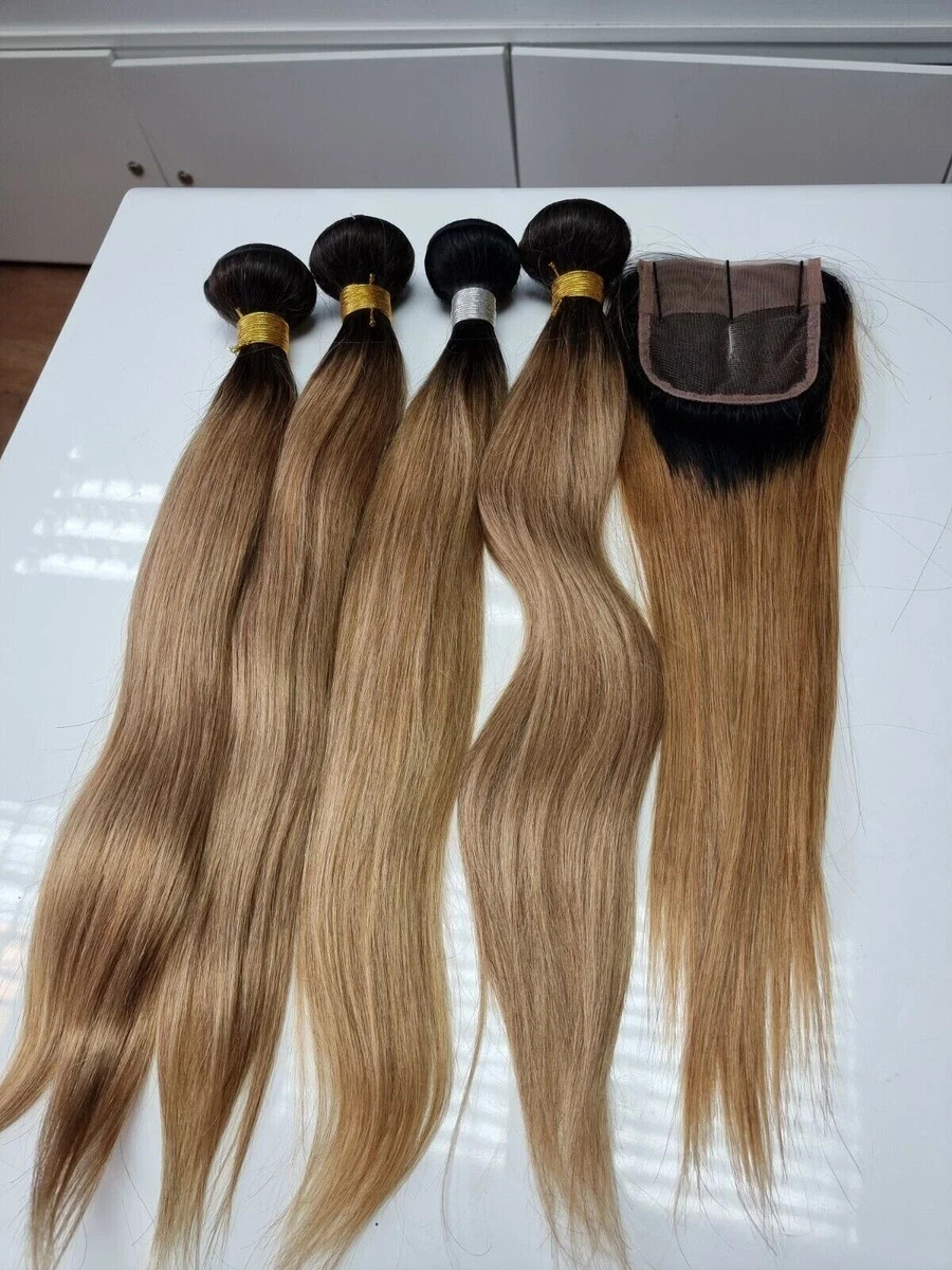 12A PERUVIAN VIRGIN HUMAN HAIR 20+20+20+20&20INCH CLOSURE 1B/27# ROOT OMBRE 450g