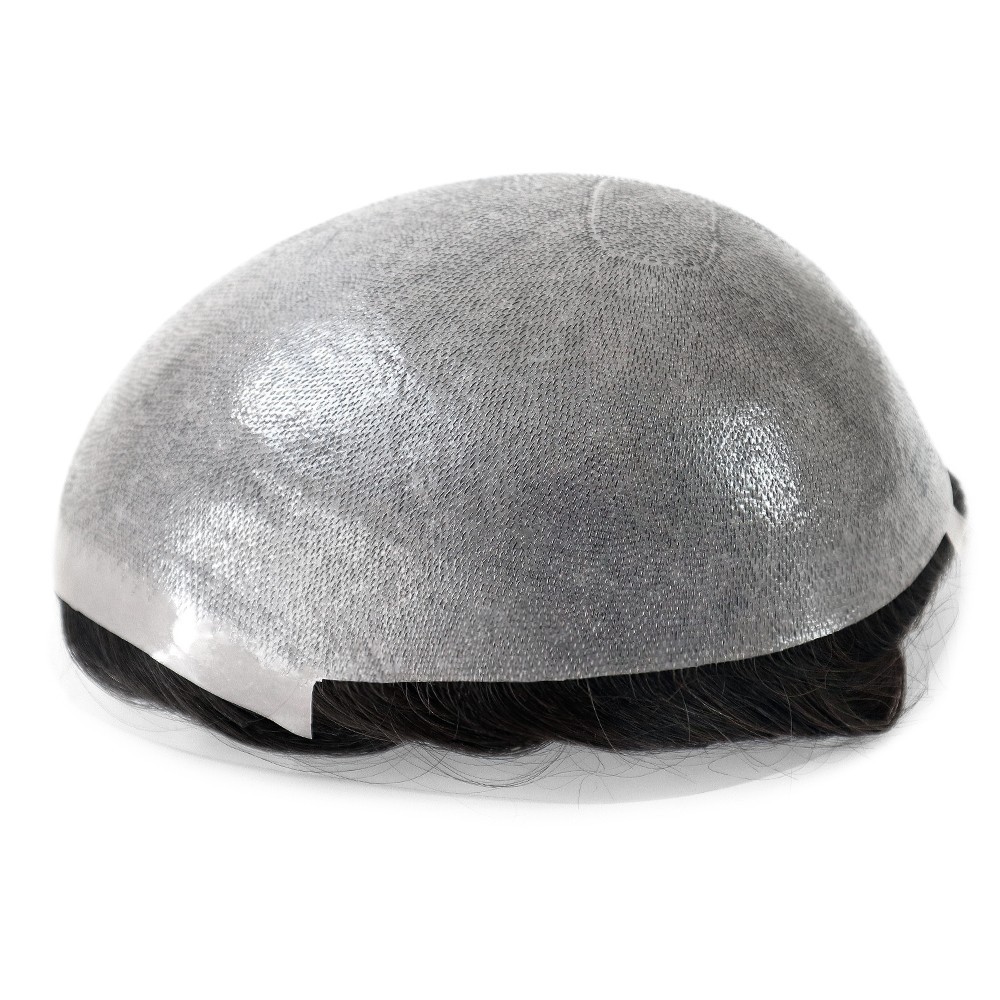 Mens Toupee Thin Skin Human Hair Replecement 8-10mm System Hairpieces Grey Hair