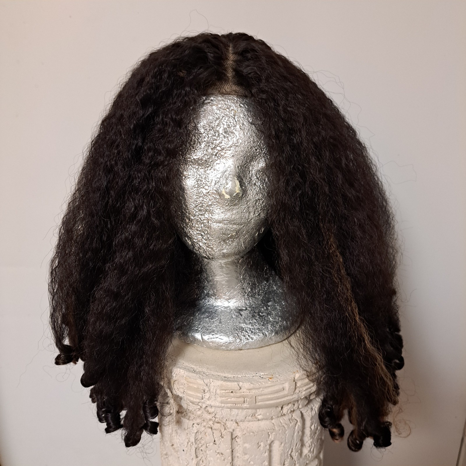 Wig Very Long Tight Spiral Curls burnette black dark brown lighter highlights