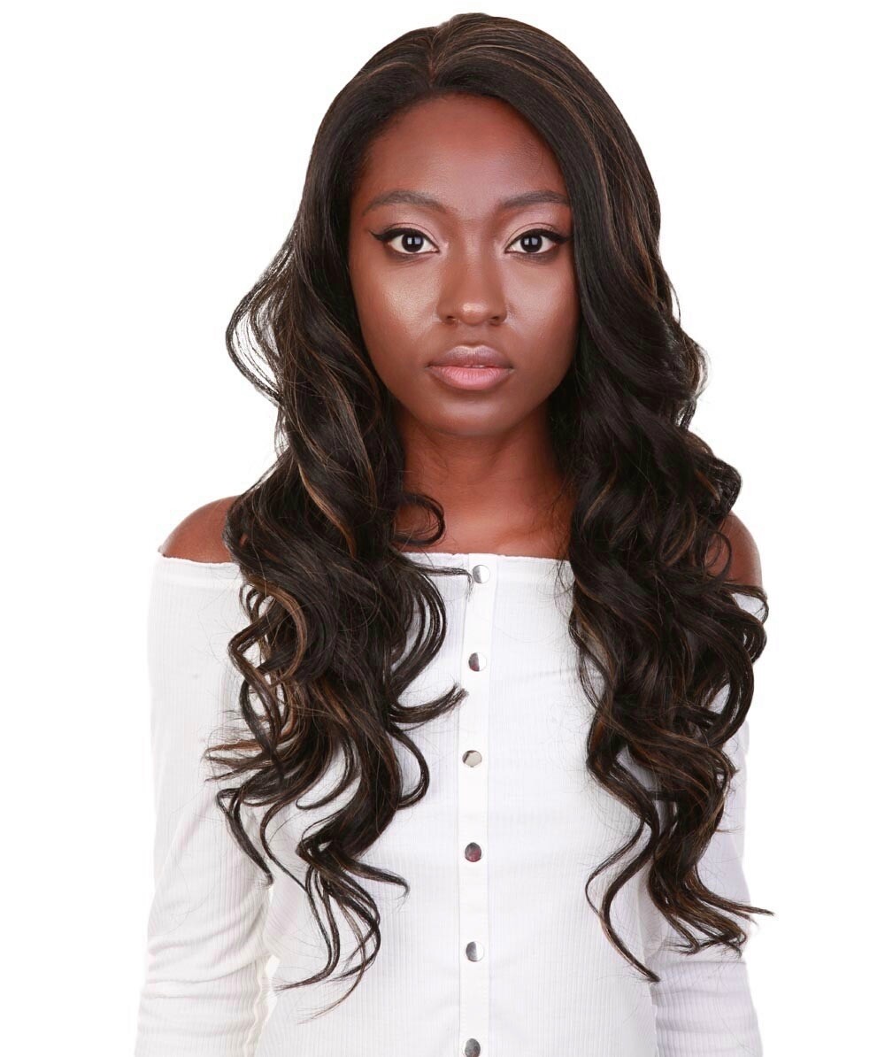 Lucinda Wavy 23 in 4X4 Hand Tied Lace Front Wig, Black with Golden Highlights