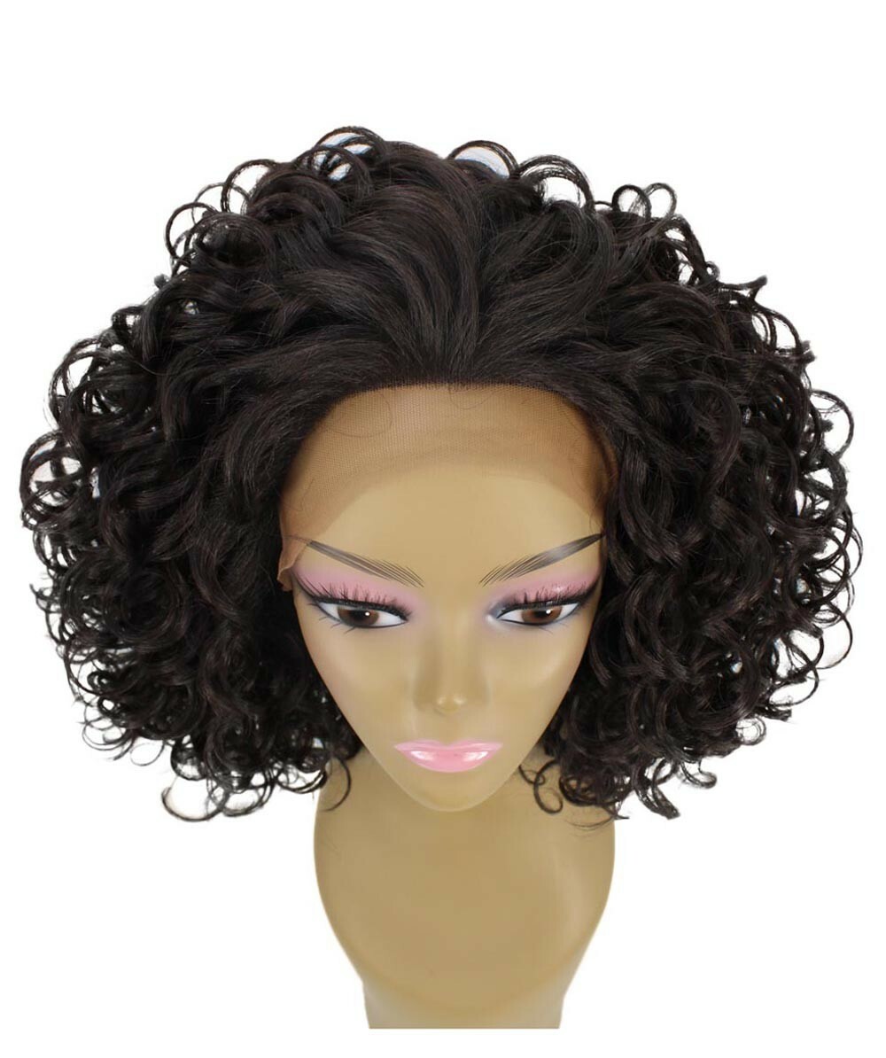 LUXLUXE Oya Curly 14.5 Inch Long 4X4 Hand-Tied Lace Front Wig, Dark Brown
