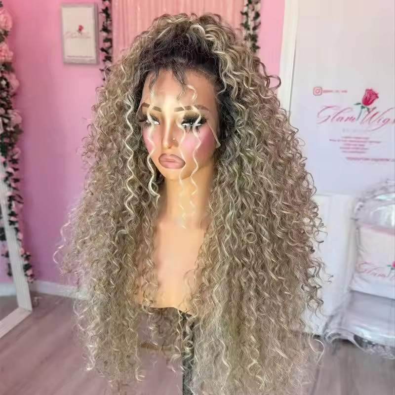 22 INCH Curly Wave Wig Ombre Ash Blonde Lace Front 100% Human Hair Wigs
