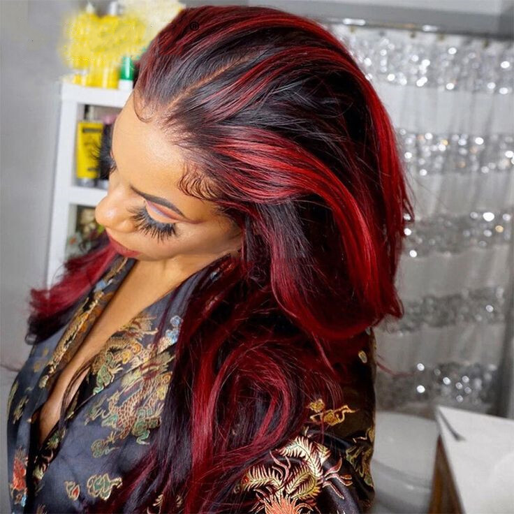 Black Wigs With Red Highlights Streak 100% Human Hair Lace Front Wigs 13×4