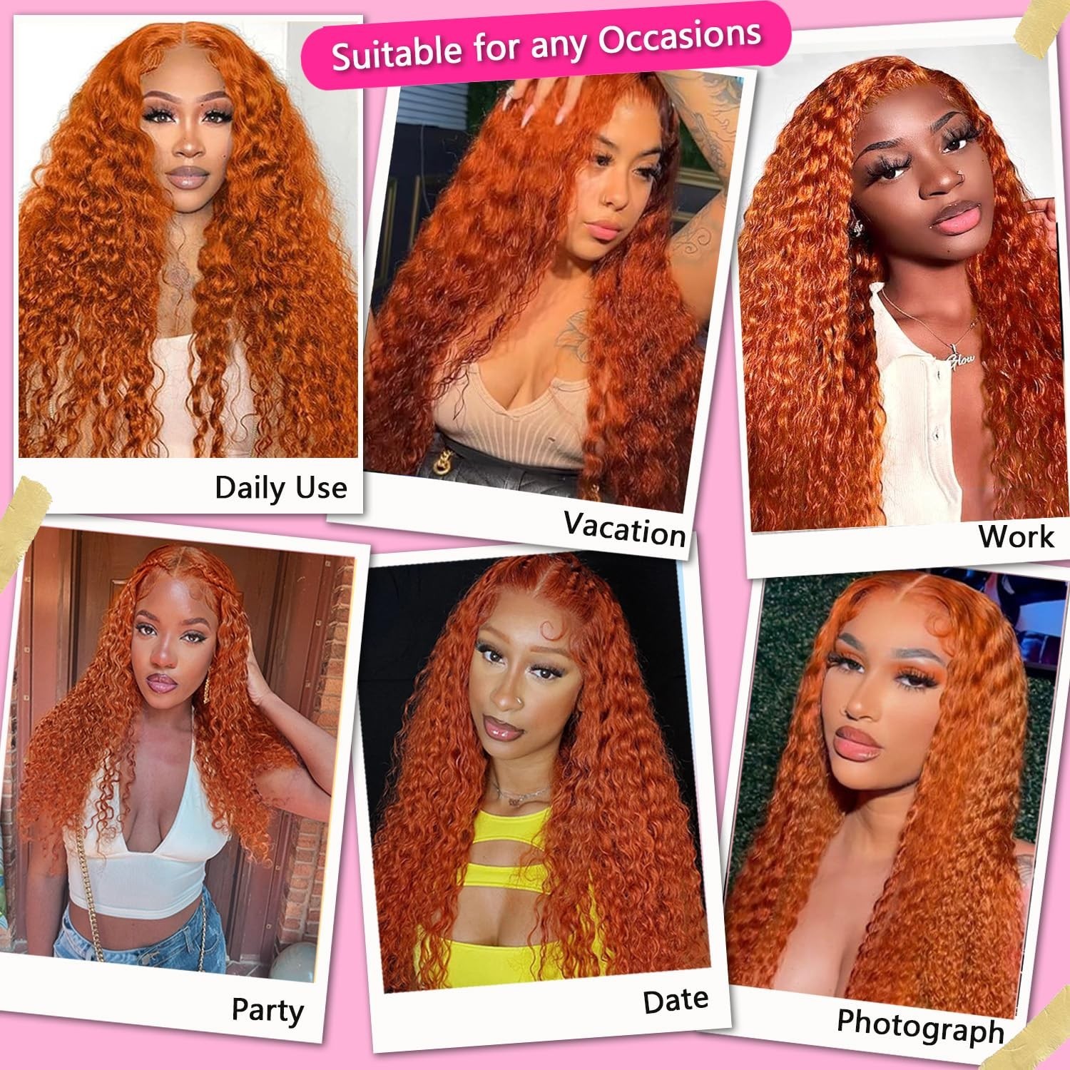 26″ Ginger Orange Deep Wave Lace Front Wig, 13×4 HD Transparent, 180% Density, C
