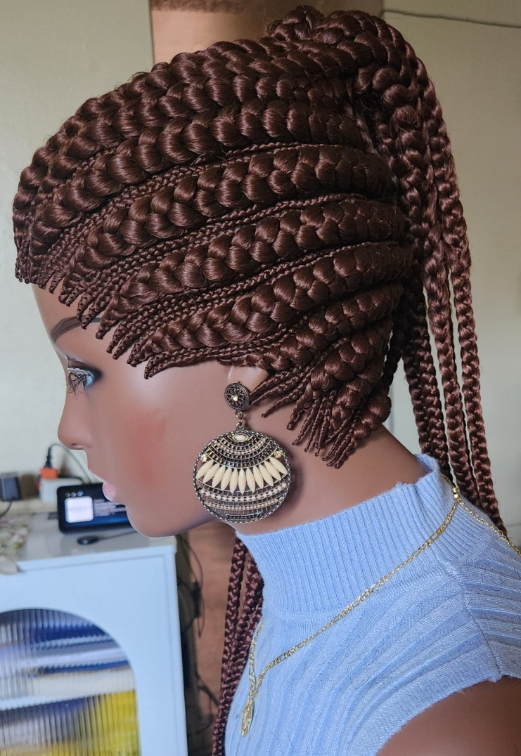 Fully hand braided Ghana banana cornrows wig poney tail libre Dark brown