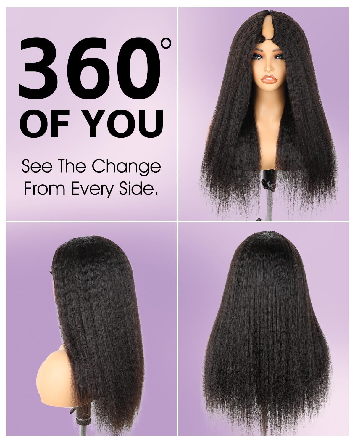 24 Inch Kinky Straight V Part Wig – 180% Density Clip-In Human Hair, No Glue, No