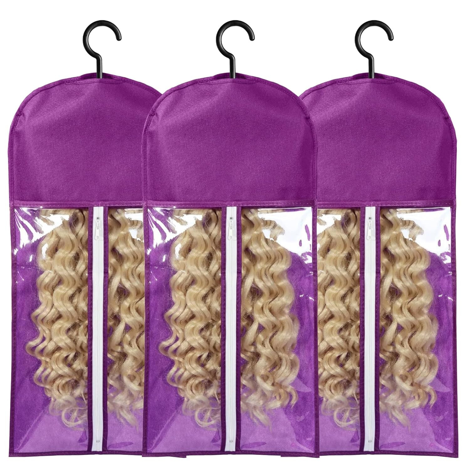3PCS Purple Wig Hook Hanger Hair Holder Storage Dust-proof Bags Non-Woven Fabric