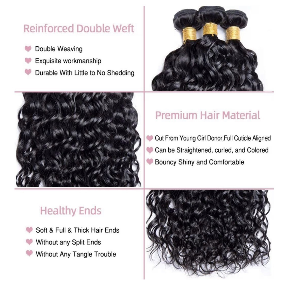 Curly Human Hair Weft Extensions Bundles, Black, 4-Pack, 20 22 24 26 inch.