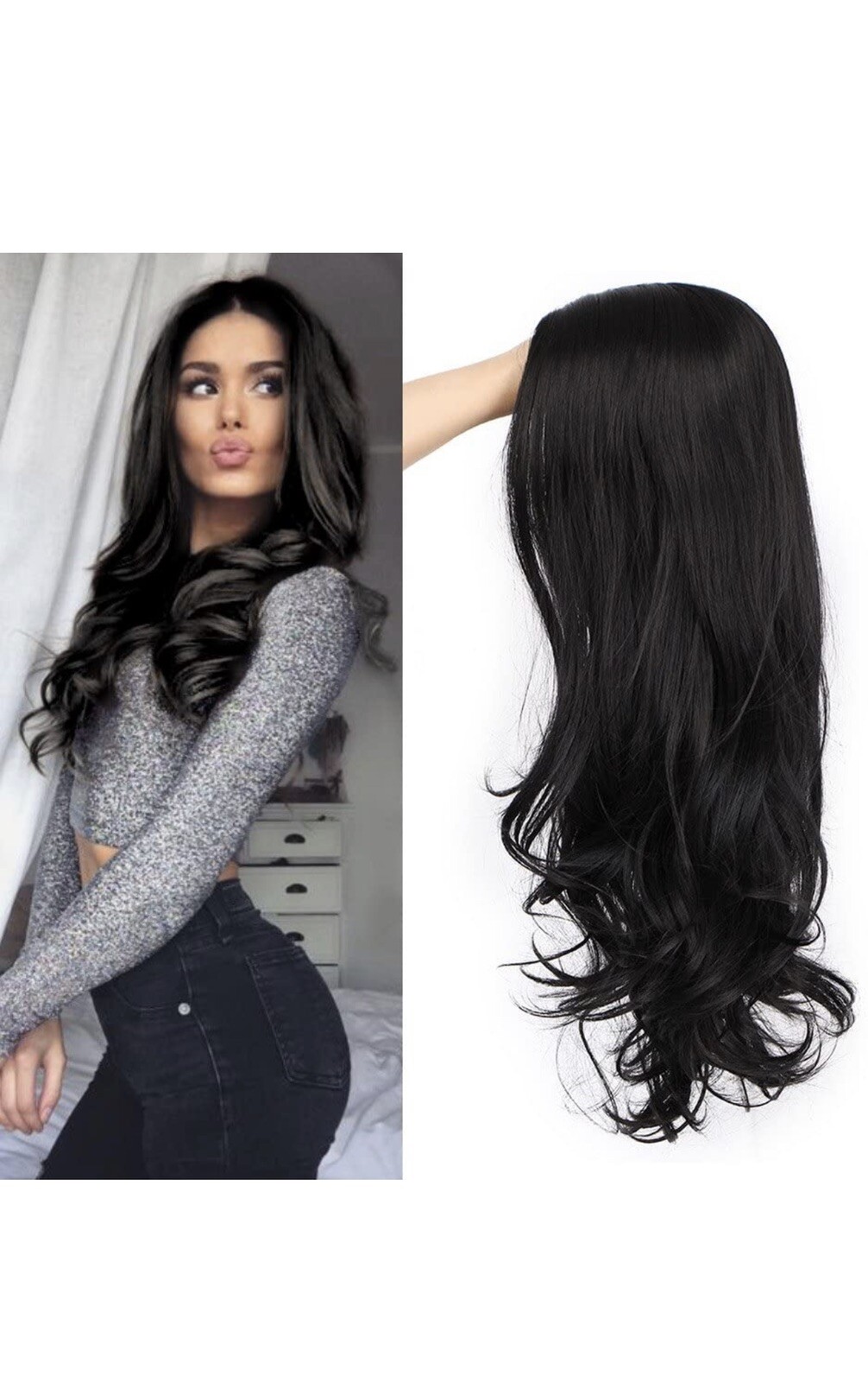 AISI QUEENS Long Black Wavy Wigs for Women Middle Part Curly Black Wig Natural