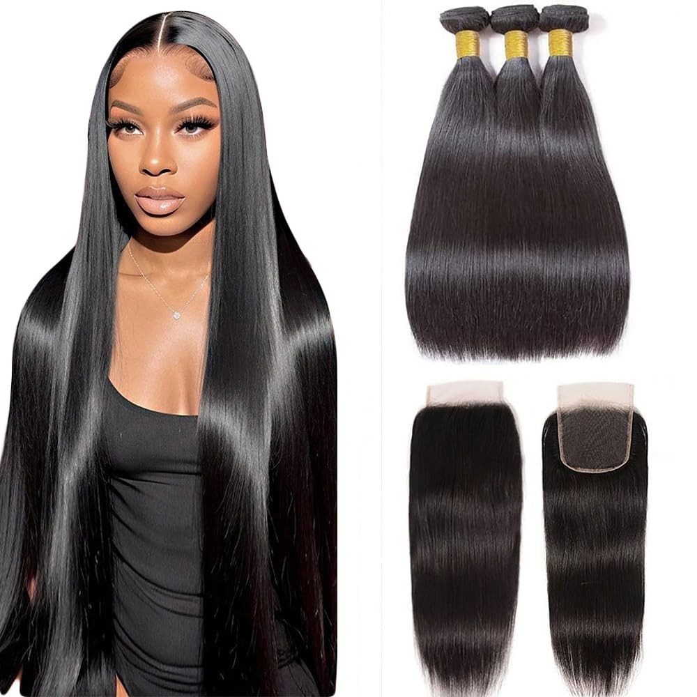 10A Brazilian Virgin Human Hair Bundles with Closure – 20, 22, 24 & 18 Inch HD L