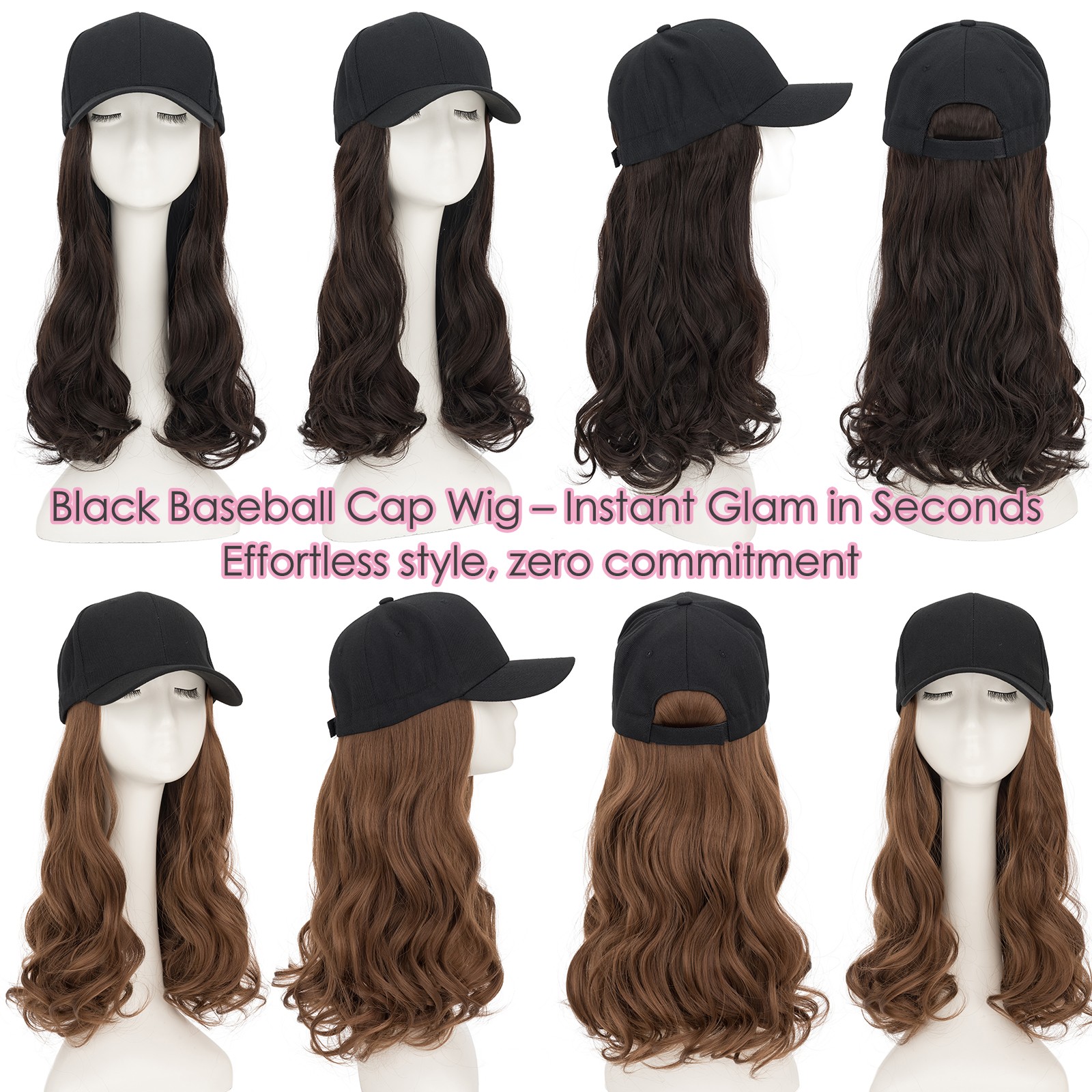 Baseball Cap Black Hat with Long Wavy Synthetic Hair Wig for Women Long FullHead
