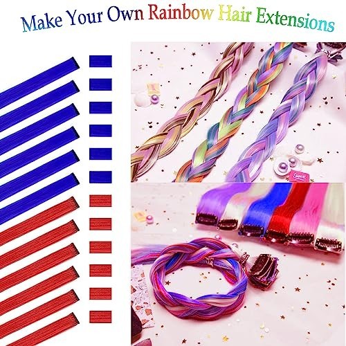 Red and Blue Hair Extensions Clip in 12 PCS, Colored Hair Extensions Party High