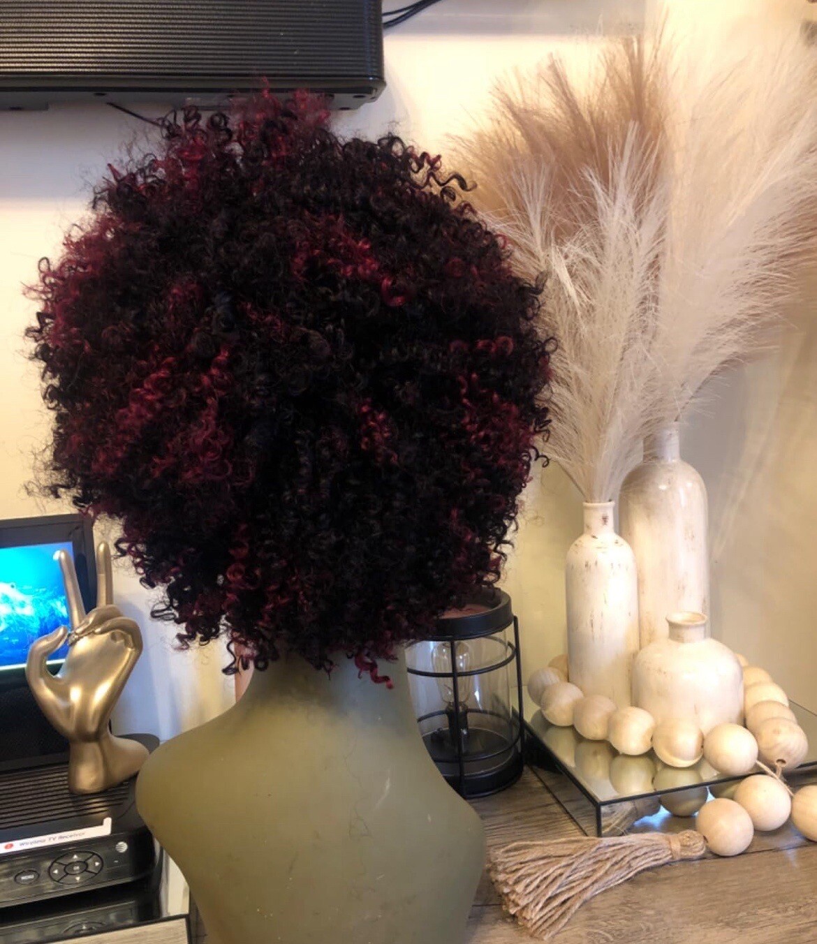 Fluffy Burgundy Curly Wig Highlight Afro Curls Wigs Human Hair