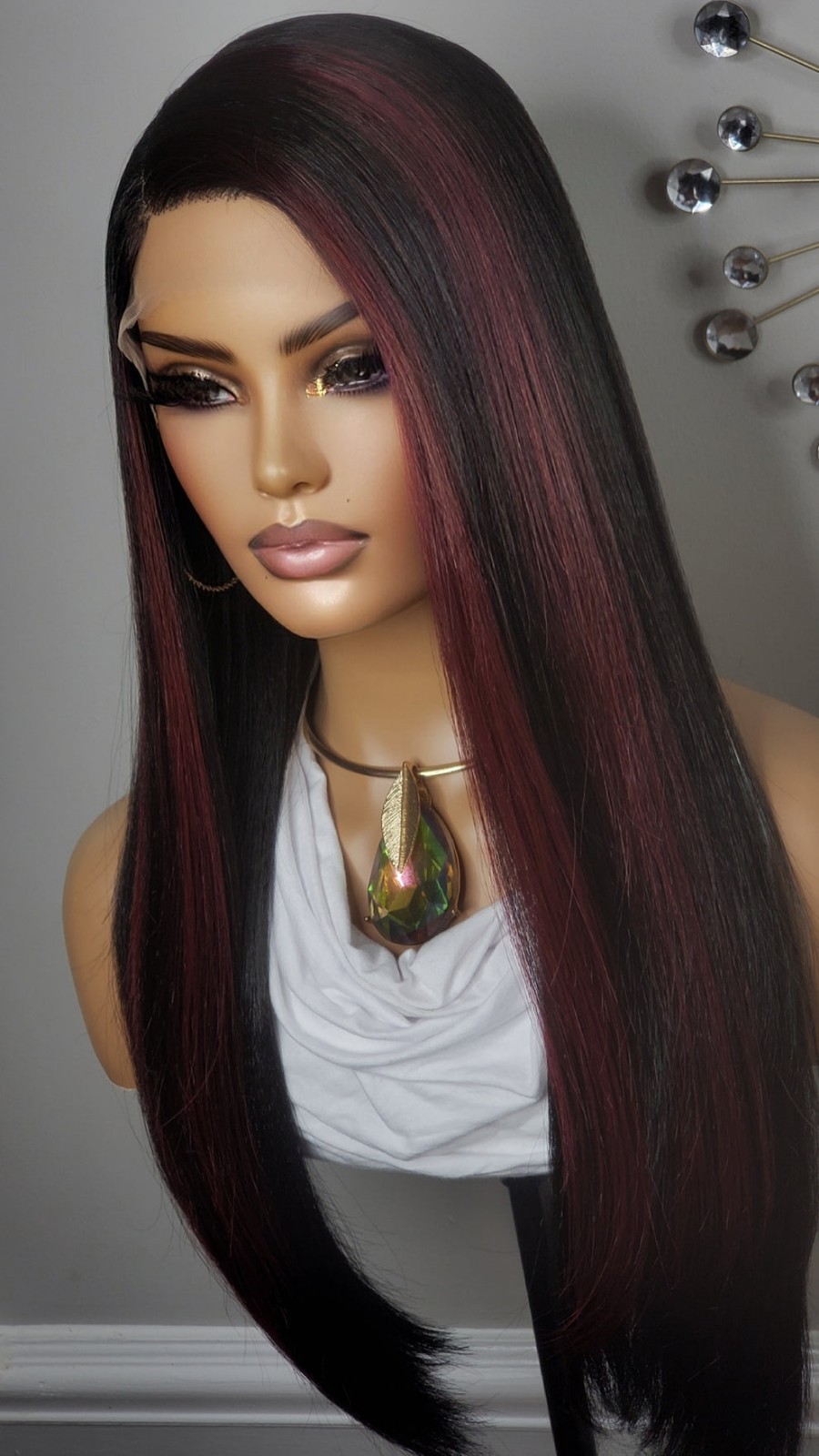 New Long Straight Style Burgundy Red Black Highlights Lace Front Wig Womens Hair