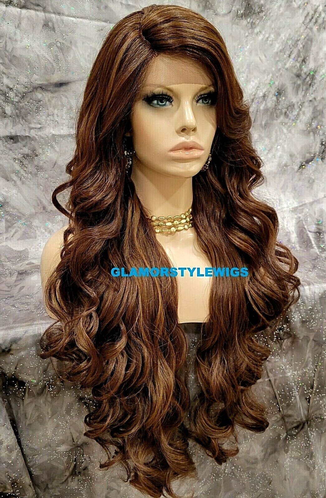 LACE FRONT FULL WIG EXTRA LONG WAVY LAYERED SIDE PART BROWN AUBURN MIX HEAT OK
