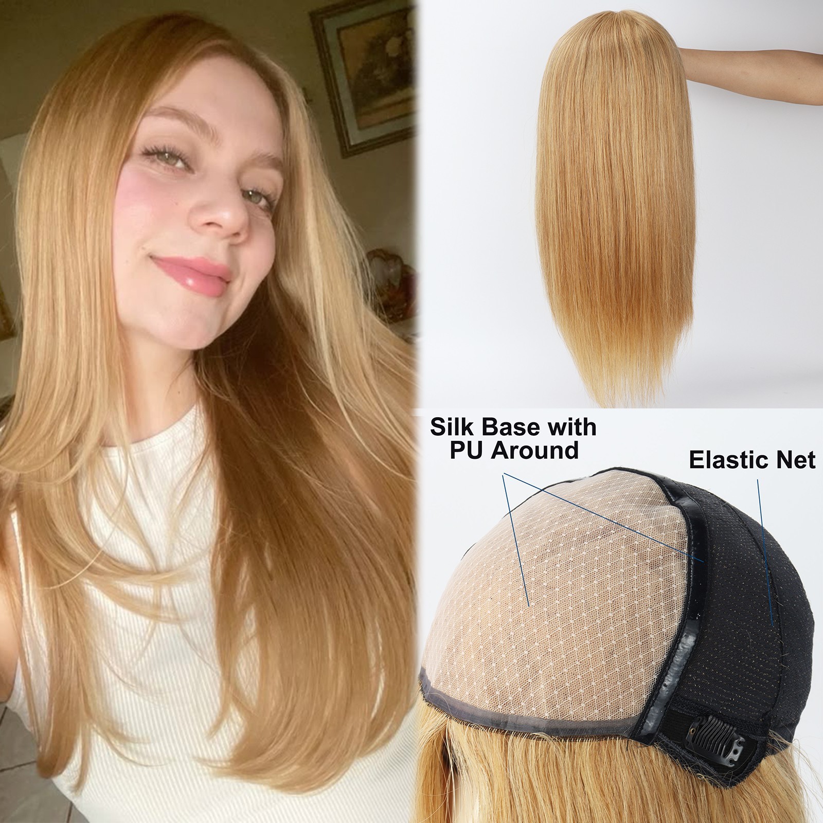 6x6inch Silk Top with PU Around Wig Real Human Hair with Elastic Net Medical Wig