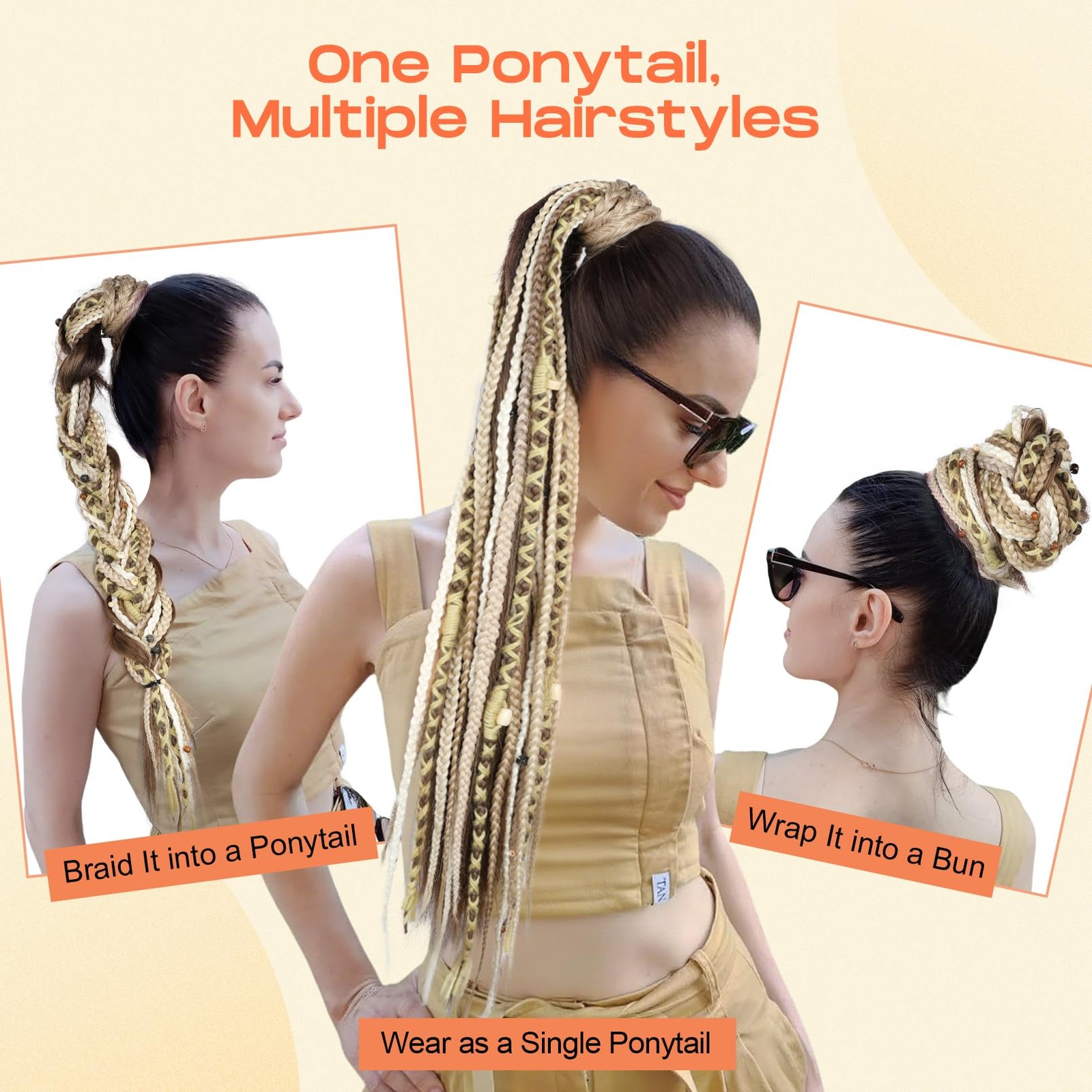 SEIKEA Boho Braided Ponytail Extension 24 Inch(Pack of 1), Grey with Blonde