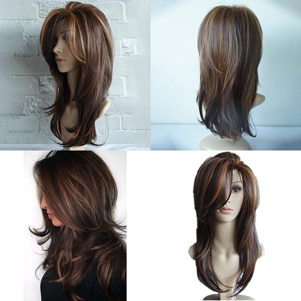Women Dark Brown w/Gold Highlight Ombre Shoulder Length Wig Synthetic Curly Hair