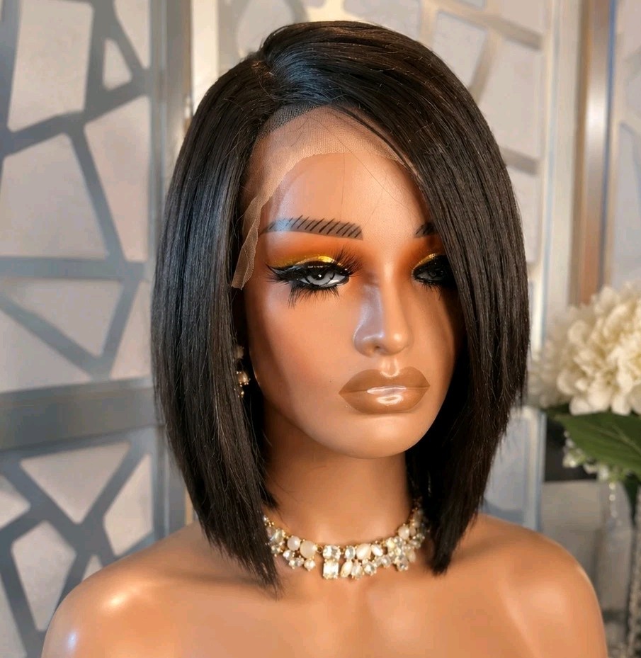 Dark Brown Wig Straight Wig Lace Front Human Hair Blend Short Brown Wig Glueless