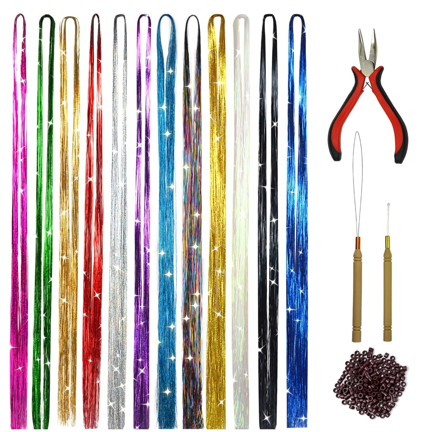 Colorful Glitter Hair Tinsel Set 47 Inch 12 Colors 215 Piece Set, 12 colors