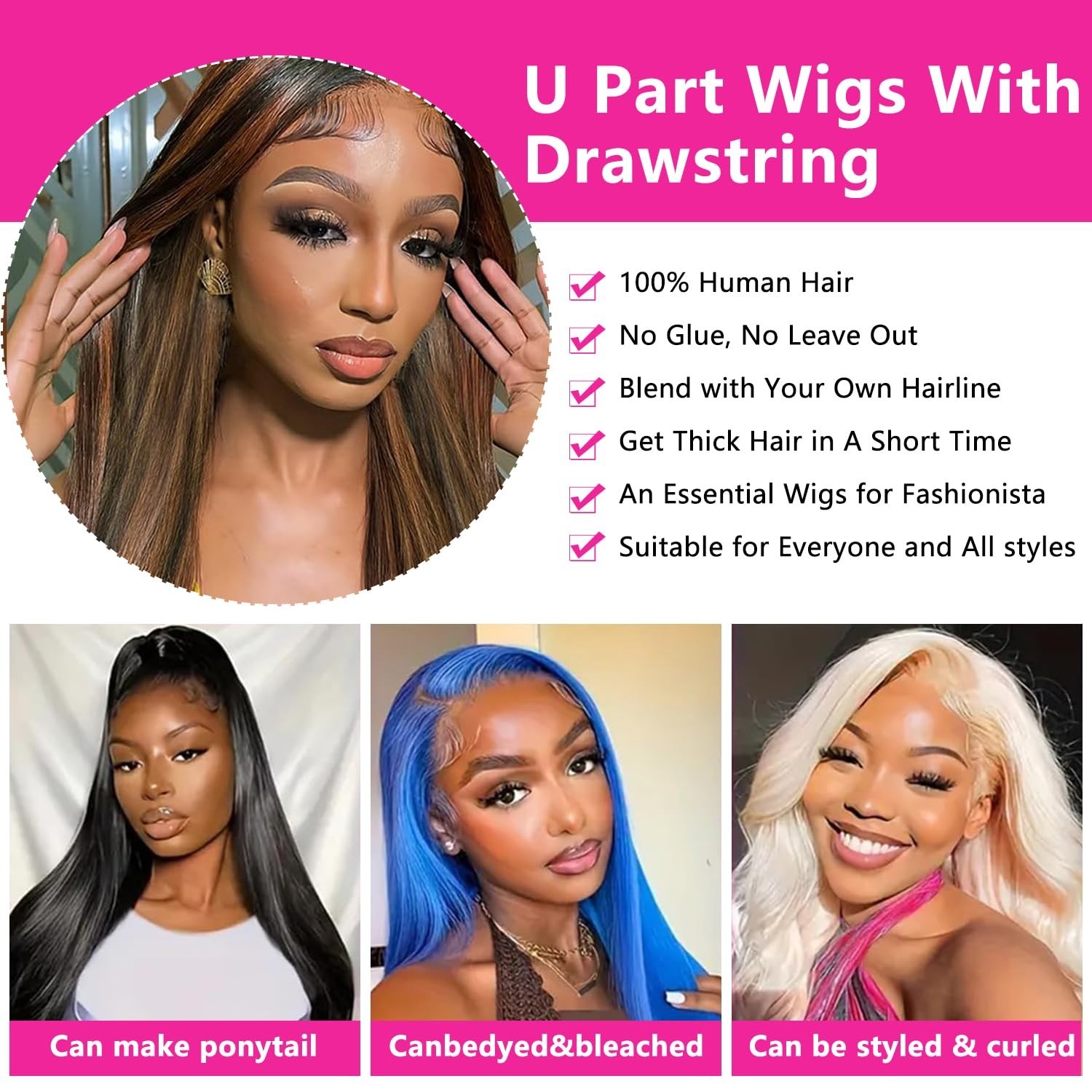 20 Inch U Part Wig Human Hair, Straight Drawstring Glueless Wear & Go, 200% Dens