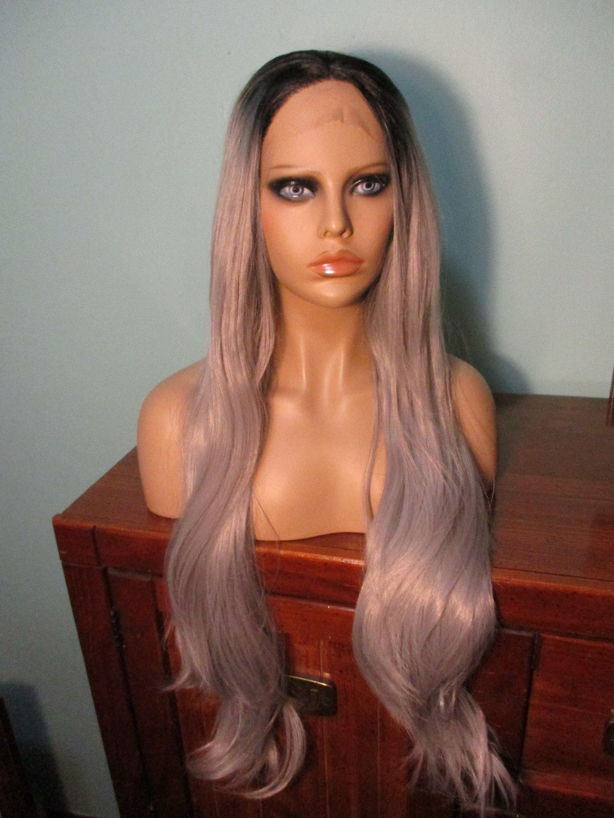 24″ long sleek GRAY with BLACK ROOTS lace front hand tied wig – Miranda