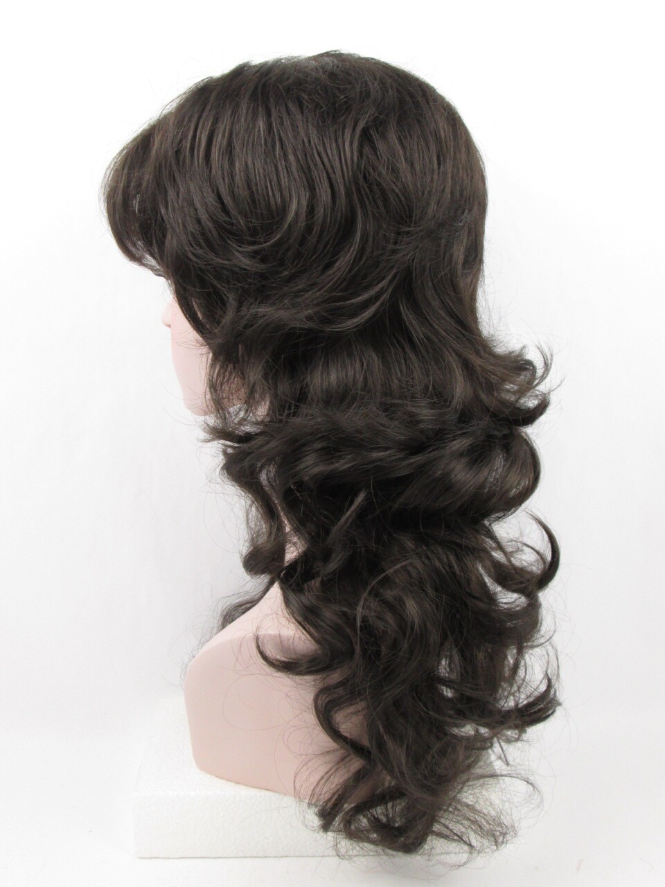 1980S WOMENS LADY LONG MID-BACK LENGTH LAYERED WAVY CURLY WIG W/ BANGS JASMINE