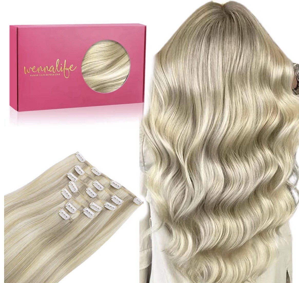 Wennalife Clip in Human Hair Extensions 14 inch 120g 7pcs Highlighted Blonde